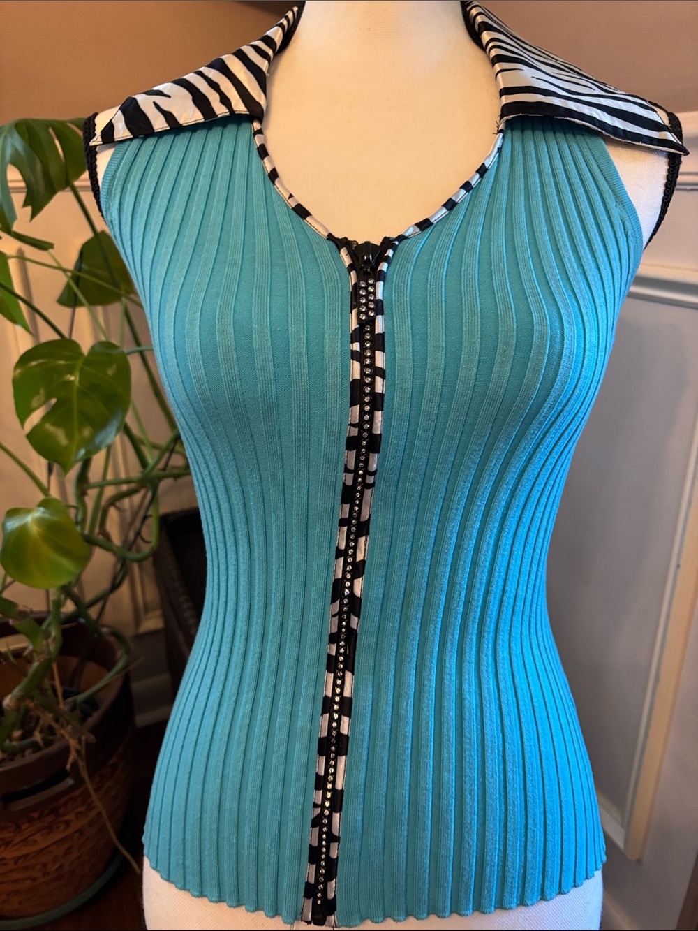 Belldini Turquoise Ribbed Zip Tank with Zebra Trim